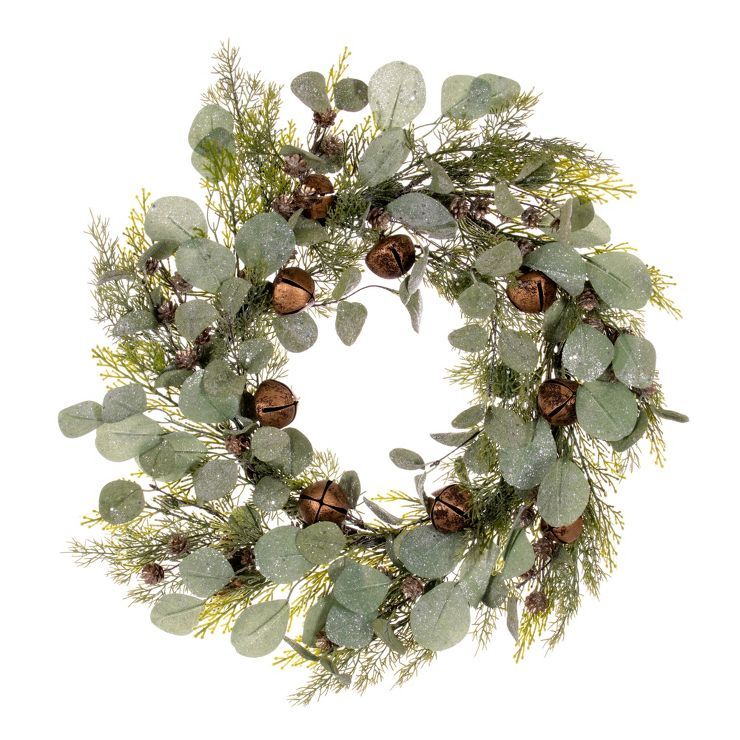 Vickerman 22" Artificial Winter Cedar, Pinecone, Eucalyptus, and Brown Jingle Bell Wreath | Target