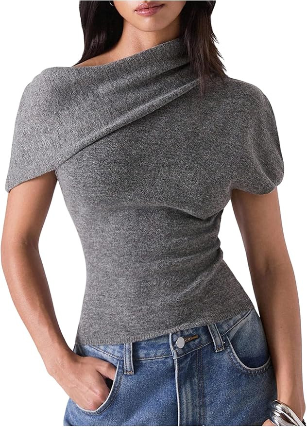 Floerns Women's Dolman Sleeve Knitted Sweater Asymmetrical Neck Pullover Tops | Amazon (US)