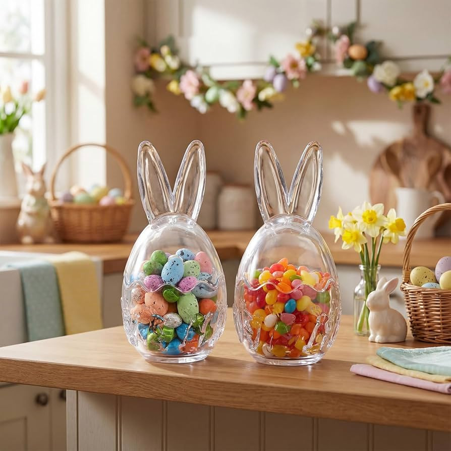 2 Pcs 10.8 oz Easter Glass Jar with Lid Large Bunny Ear Egg Candy Jar Clear Decorative Food Stora... | Amazon (US)