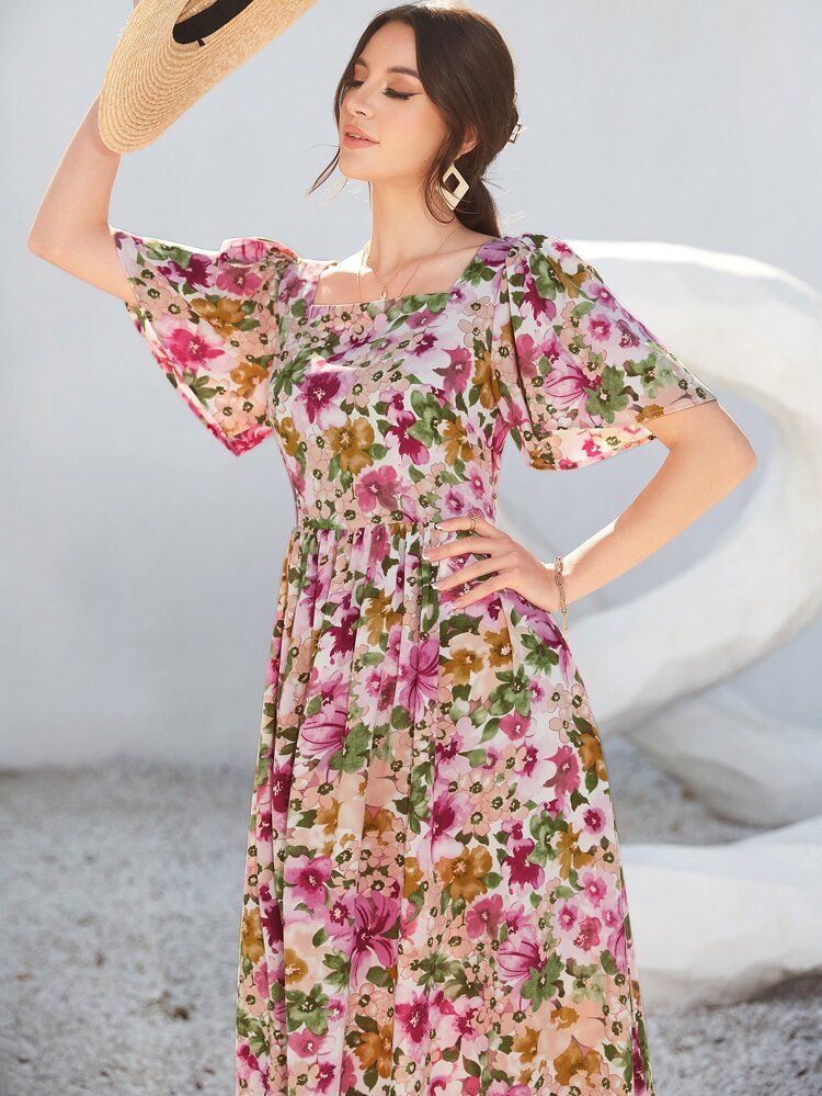 Allover Floral Print Square Neck Butterfly Sleeve Dress | SHEIN