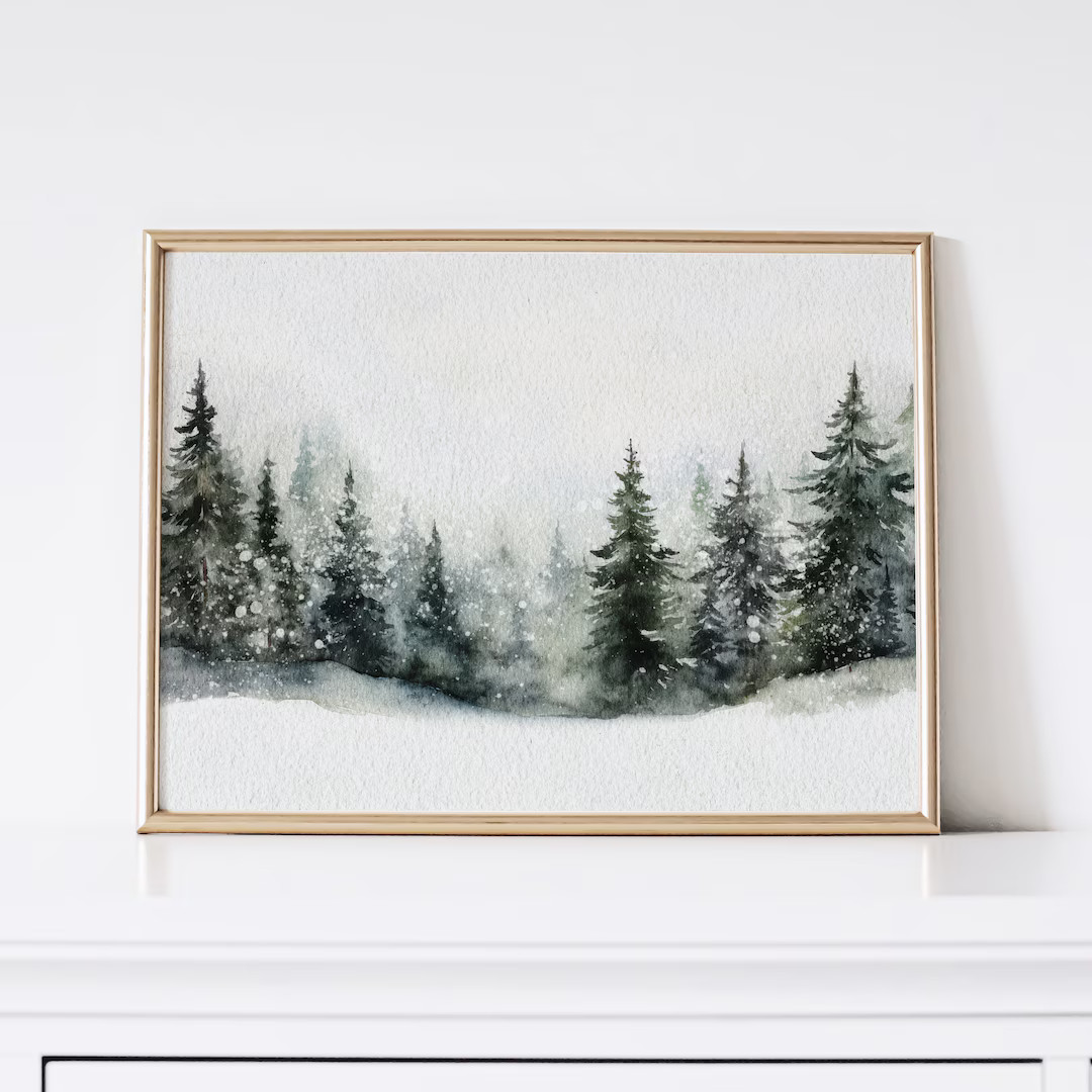 Winter Forest Painting Christmas Print Printable Wall Art - Etsy | Etsy (US)