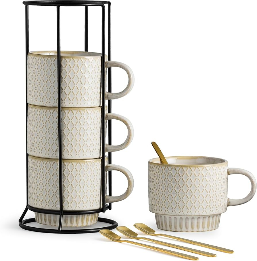 LYEOBOH Stackable Coffee Mugs, Coffee Cups, Mug Set of 4 with Spoons - 13 Oz Coffee Cup Set with ... | Amazon (US)