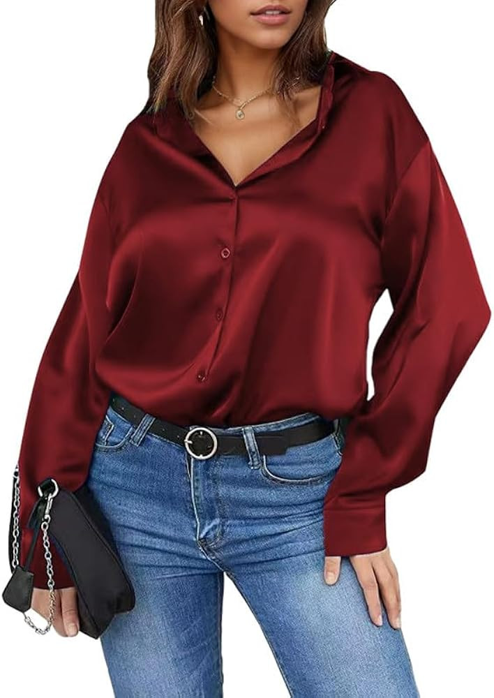 Damipow Satin Silk Button Down Shirts for Women Dress Shirts Long Sleeve Blouses Womens Shirts | Amazon (US)