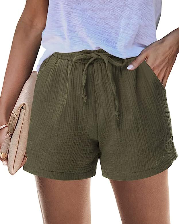 ReachMe Womens Summer High Waisted Shorts with Pockets Drawstring Elastic Waist Beach Shorts Casual  | Amazon (US)