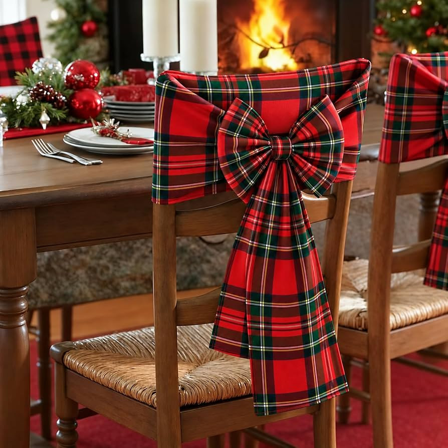 4 Pcs Christmas Bow Chair Back Covers, Linen Christmas Chair Sashes Covers \uff06 Adjustable Bows... | Amazon (US)