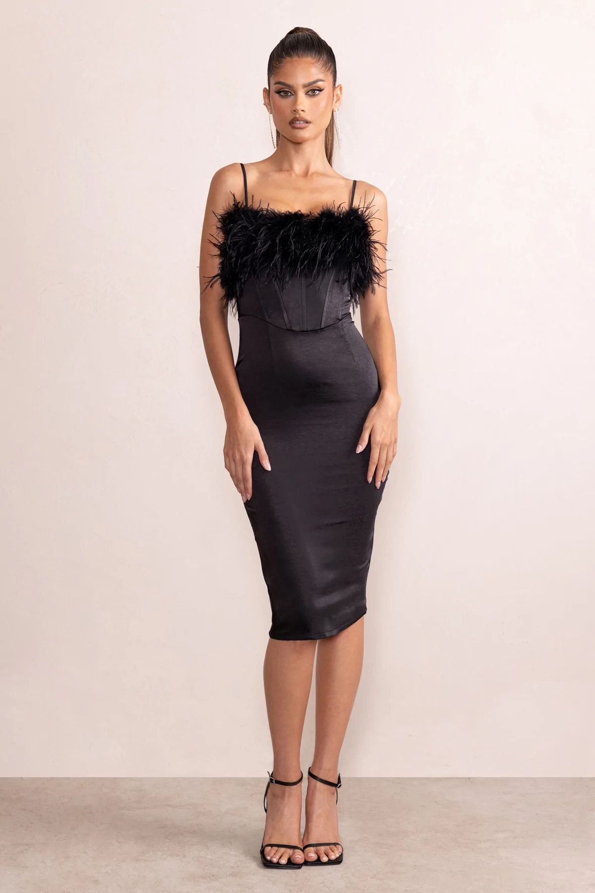 Marie | Black Satin Shaped Feather Neck Corset Midi Dress | Club L London