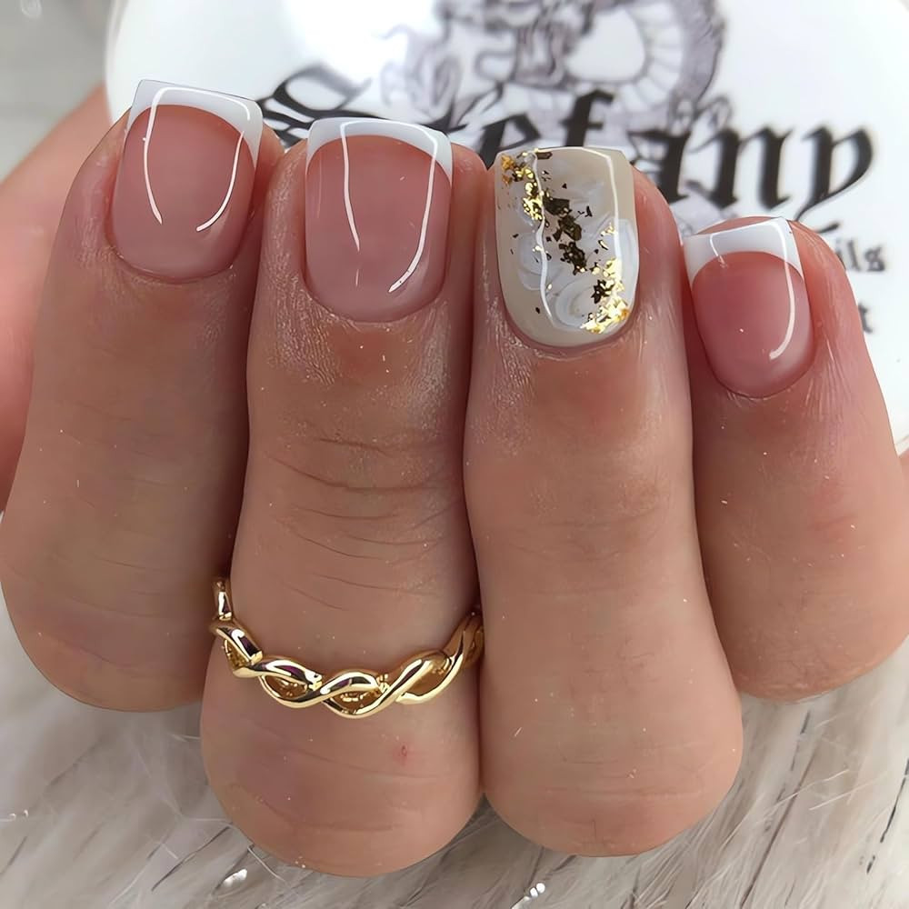 IMSOHOT Extra Short Press on Nails Square French Tip Fake Nails Nude Acrylic False Nails with Mar... | Amazon (US)
