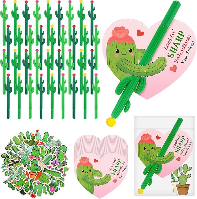 codree 32 Set Valentine's Day Cactus Ballpoint Pen Cards Stickers, Cactus Pens Valentine Gifts Ex... | Amazon (US)