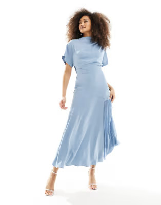 ASOS DESIGN cowl neck midi dress with asymmetric pleat hem in denim blue | ASOS | ASOS (Global)