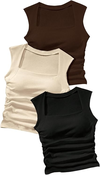 SOLY HUX Women's Crop Tank Tops with Built in Bras 3 Pack Ribbed Sleeveless Square Neck Basic Wor... | Amazon (US)