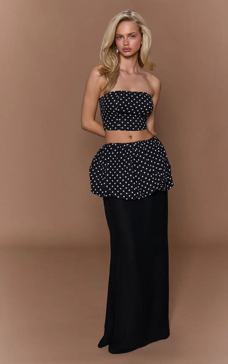 Black Chiffon Polka Dot Puff Maxi Skirt Co-ord | PrettyLittleThing USA | PrettyLittleThing US