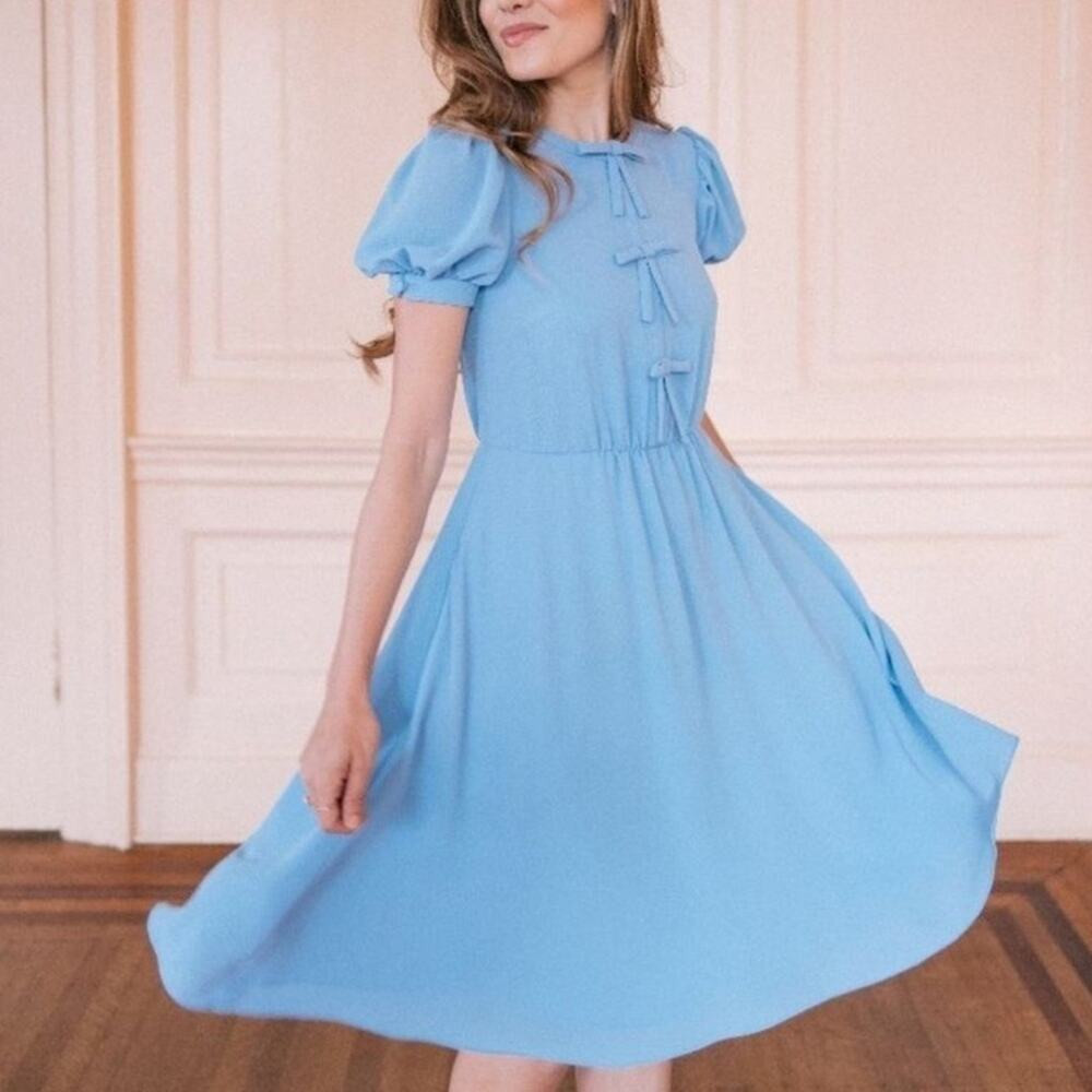 Gal Meets Glam Ellie Crepe Puff Sleeve Robins Egg Blue Bow Knee Length Dress 10 | Poshmark