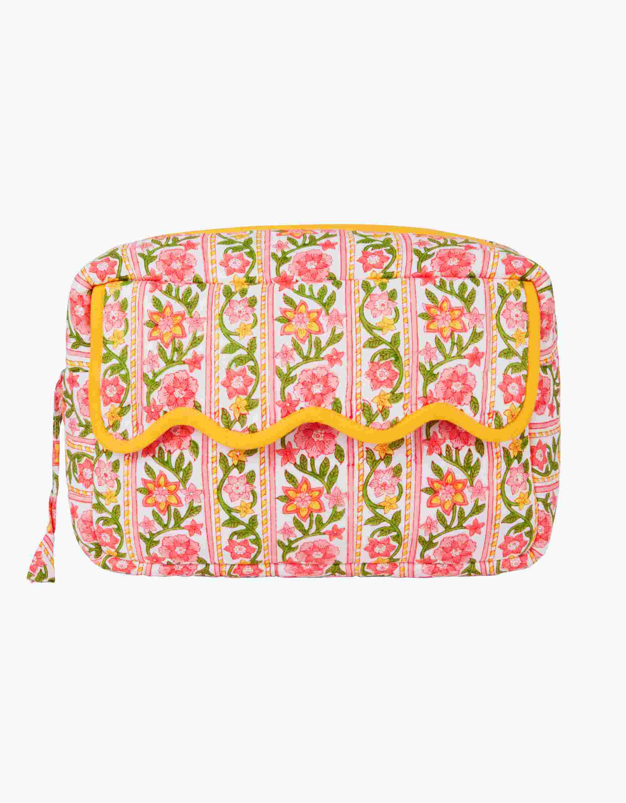 Washbag | Yellow & PinkFloral | Block Print Cotton | Pink City Prints UK