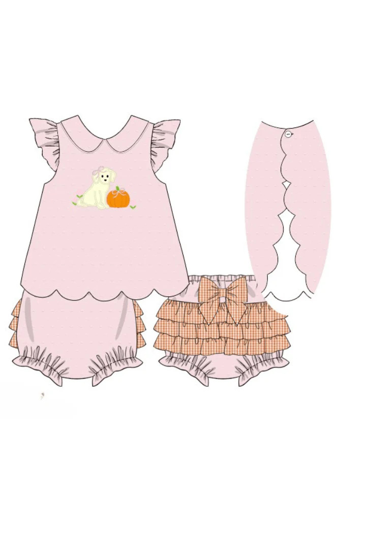 Pre-Order Swiss Dot Pumpkin Puppy Bloomer Set | The Smocked Flamingo
