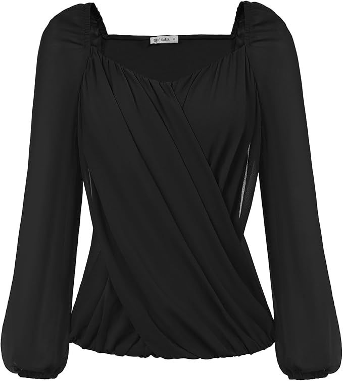 GRACE KARIN Women's Lantern Long Sleeve Tops 2023 Casual Loose Chiffon Shirts Criss Cross Ruffle ... | Amazon (US)