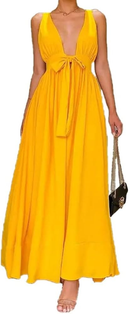 KVIS Sexy Backless Tie Waist Pleated Dress (Color : Yellow, Size : XX-Large) | Amazon (US)