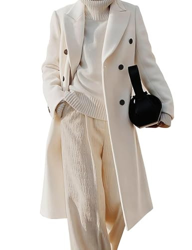 Kinghua Wool Coats for Women 2025 Fall Winter Dress Pea Coat Double Breasted Jackets Long Trench Coat Peacoat, White, XL | Amazon (US)