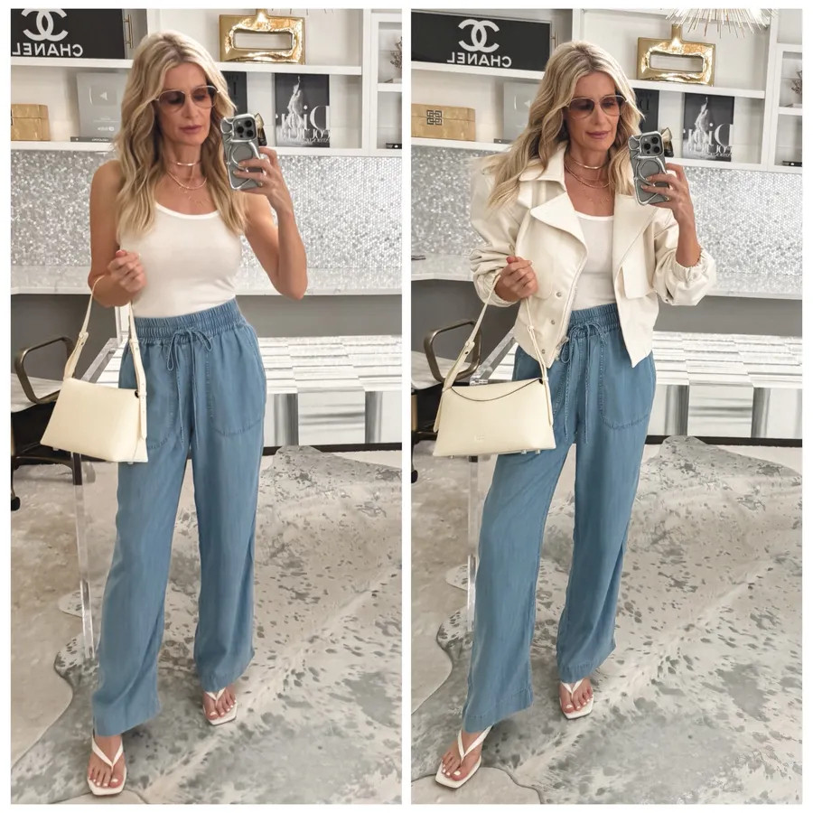 These Quince chambray wide-leg pants are so comfortable and perfect for summer! I styled them two ways—casual with a simple white tank and kitten heels, then a little dressier with an ivory jacket for an elevated designer-inspired look. They’re lightweight, breathable, flattering, and so easy to wear. I’m wearing an XS in the pants. #QuinceStyle #ChambrayPants #WideLegPants 

#LTKOver40#LTKSeasonal#LTKOver40 

 

#LTKootd