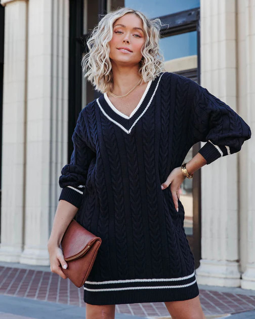 Best Of Me Cable Knit Sweater Dress - Navy | VICI