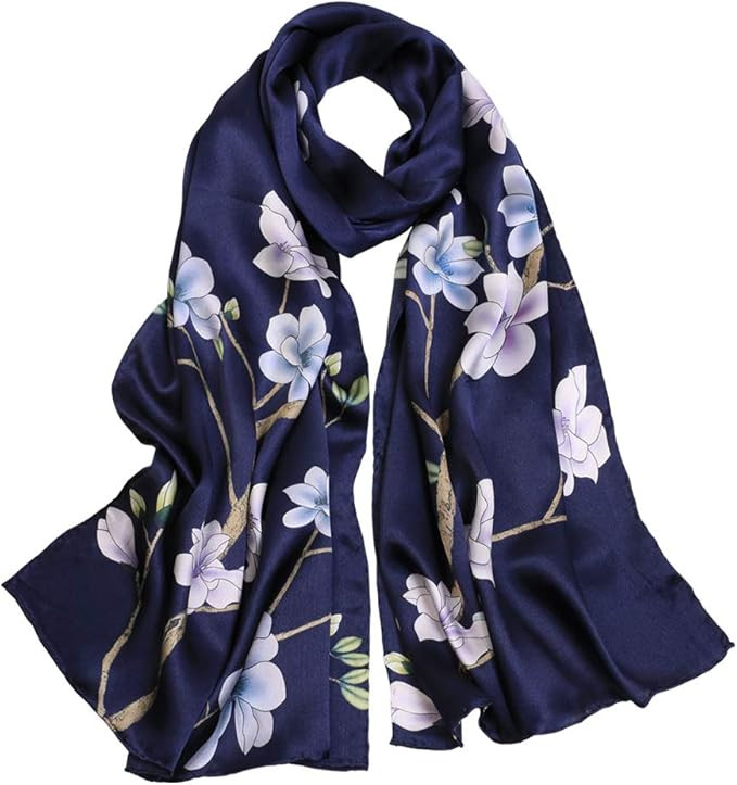 Women's Mulberry Silk Scarf Floral Print Satin Long Scarf Wrap Shawl | Amazon (US)