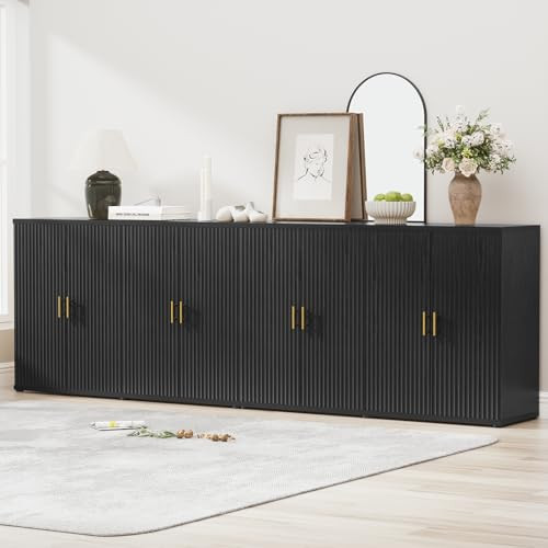 Yechen 94.6" Black Fluted Sideboard Buffet Cabinet with Storage and 8 Doors, Mordern Credenza Storage Cabinet with Adjustable Shelves, Media Console Table, for Living Room Dinning Kitchen(2 PCS) | Amazon (US)