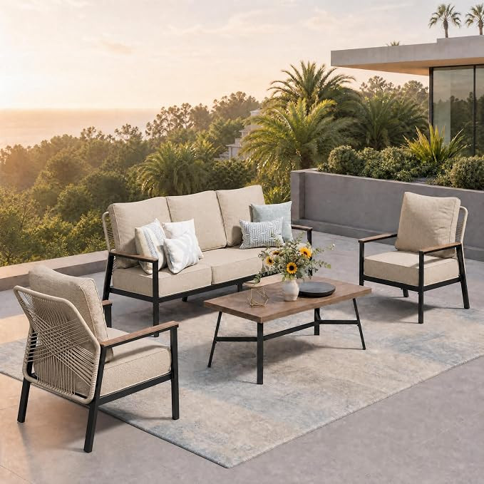 HERA'S HOUSE Patio Furniture Set, 2 x High Back Cushioned Leg Chair, 1 x 3-Seat Sofa with Wood Gr... | Amazon (US)