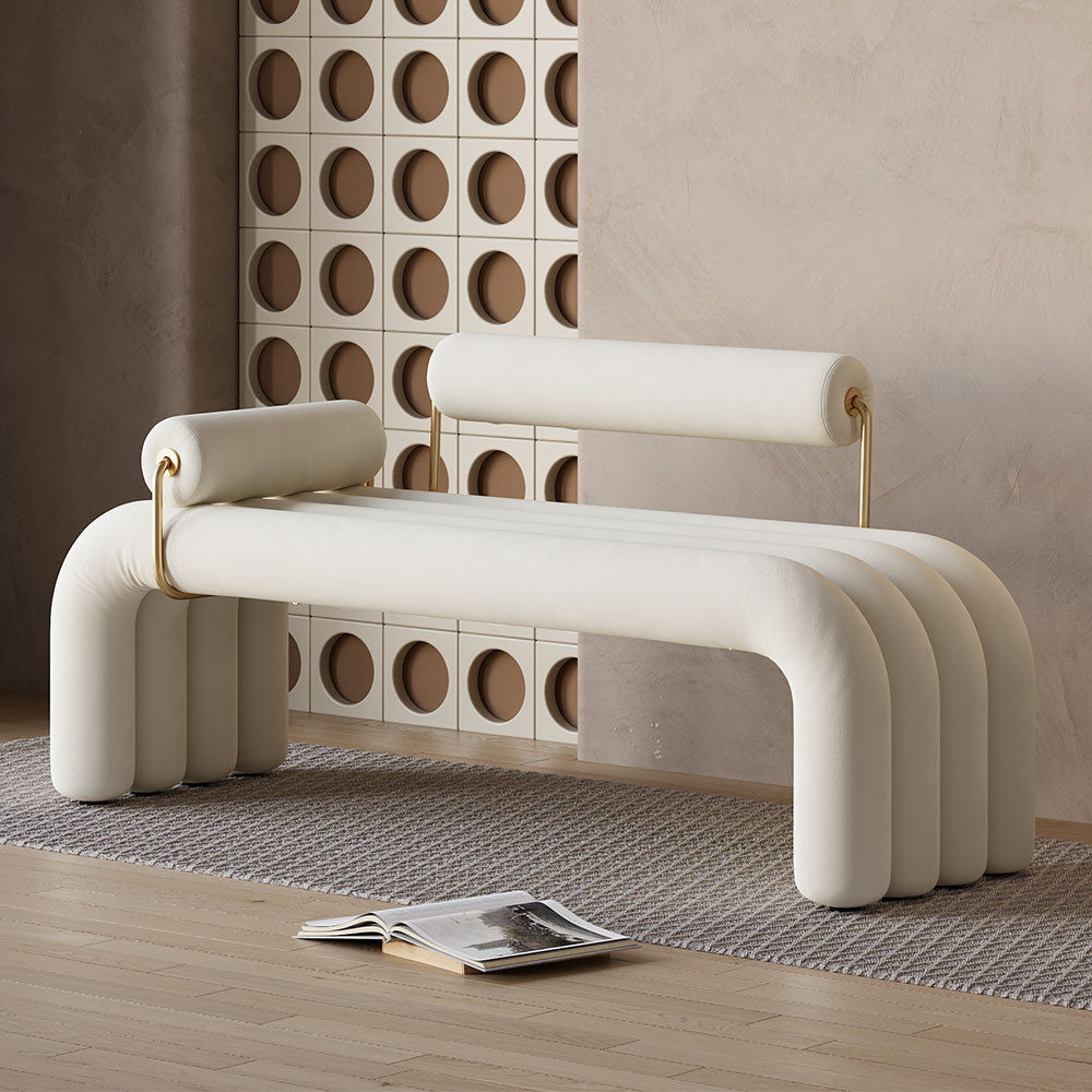 Modern White Line Tufted Bench Velvet Upholstered Entryway Bench in Gold Finish | Homary