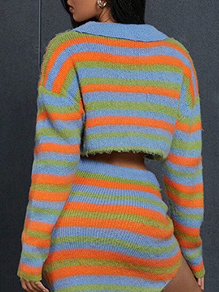 Striped Pattern Drop Shoulder Crop Cardigan | SHEIN