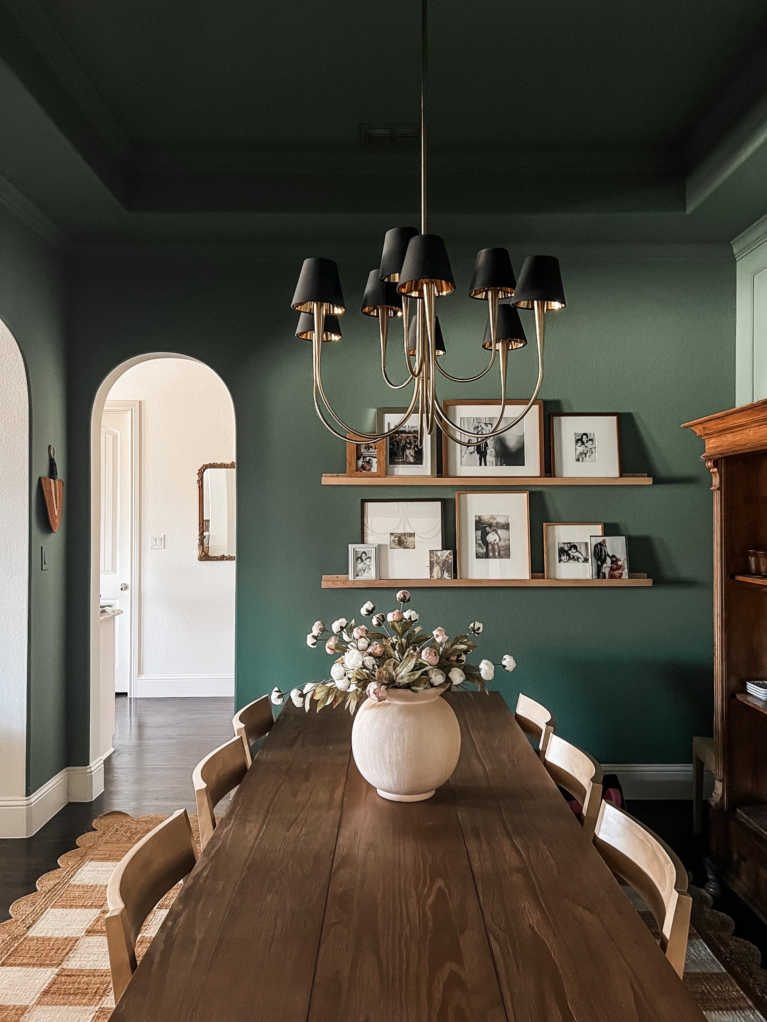 dining room, solid wood dining table, velvet dining chairs, wood dining chairs, chandelier, photo ledge 

#LTKHome
