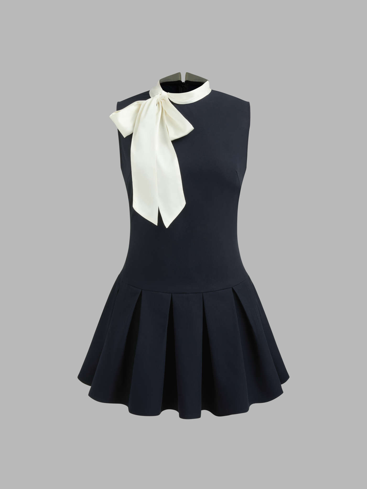 Stand Collar Solid Bowknot Pleated Mini Dress | Cider