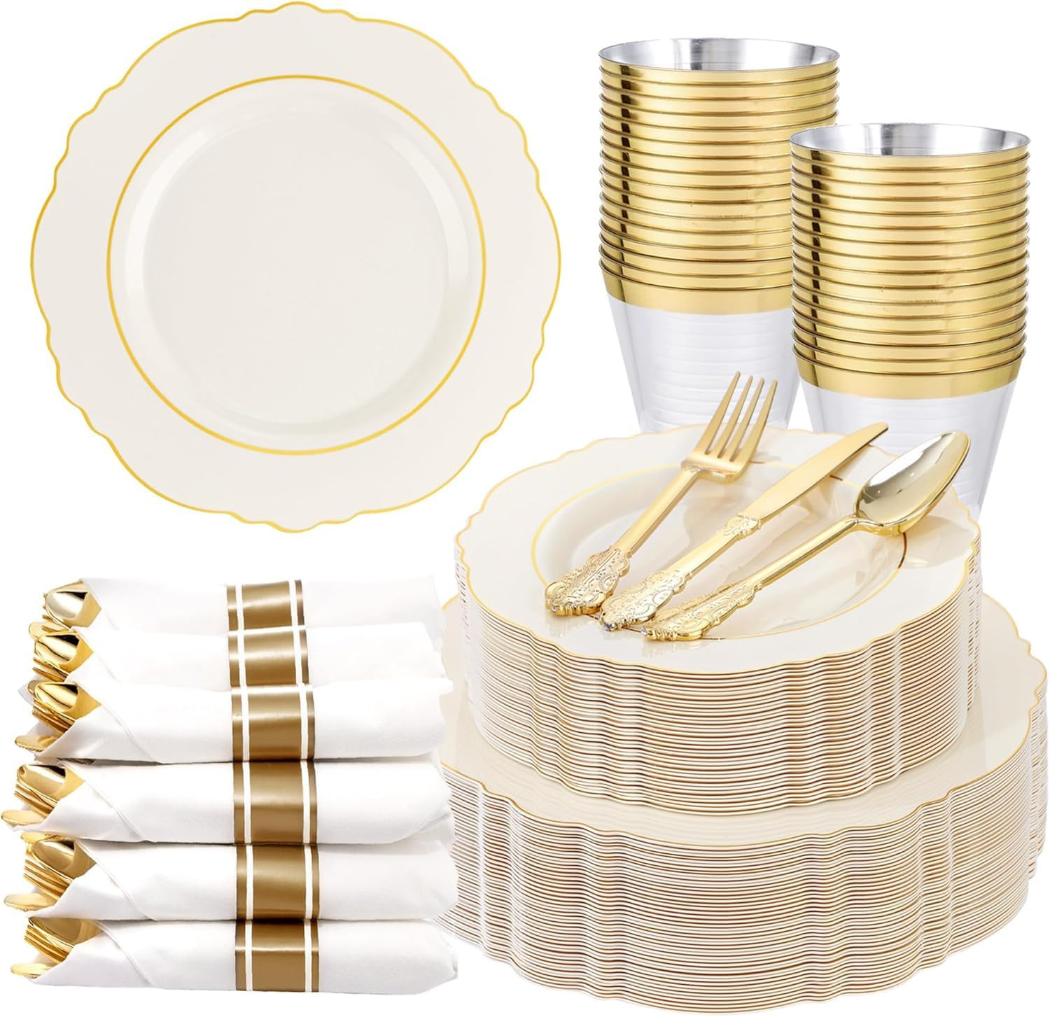 Liacere 350PCS Ivory Plastic Plates-Cream Disposable Plates With Gold Rim-50Guest Baroque Plastic... | Amazon (US)