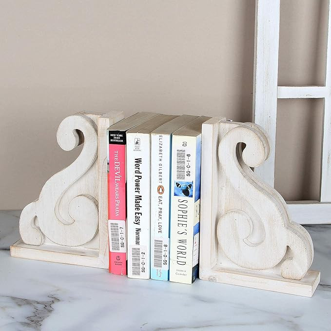 GENMOUS & CO. Rustic Distressed Vintage Scroll Corbel Bookends Farmhouse Whitewashed Wood Decorat... | Amazon (US)