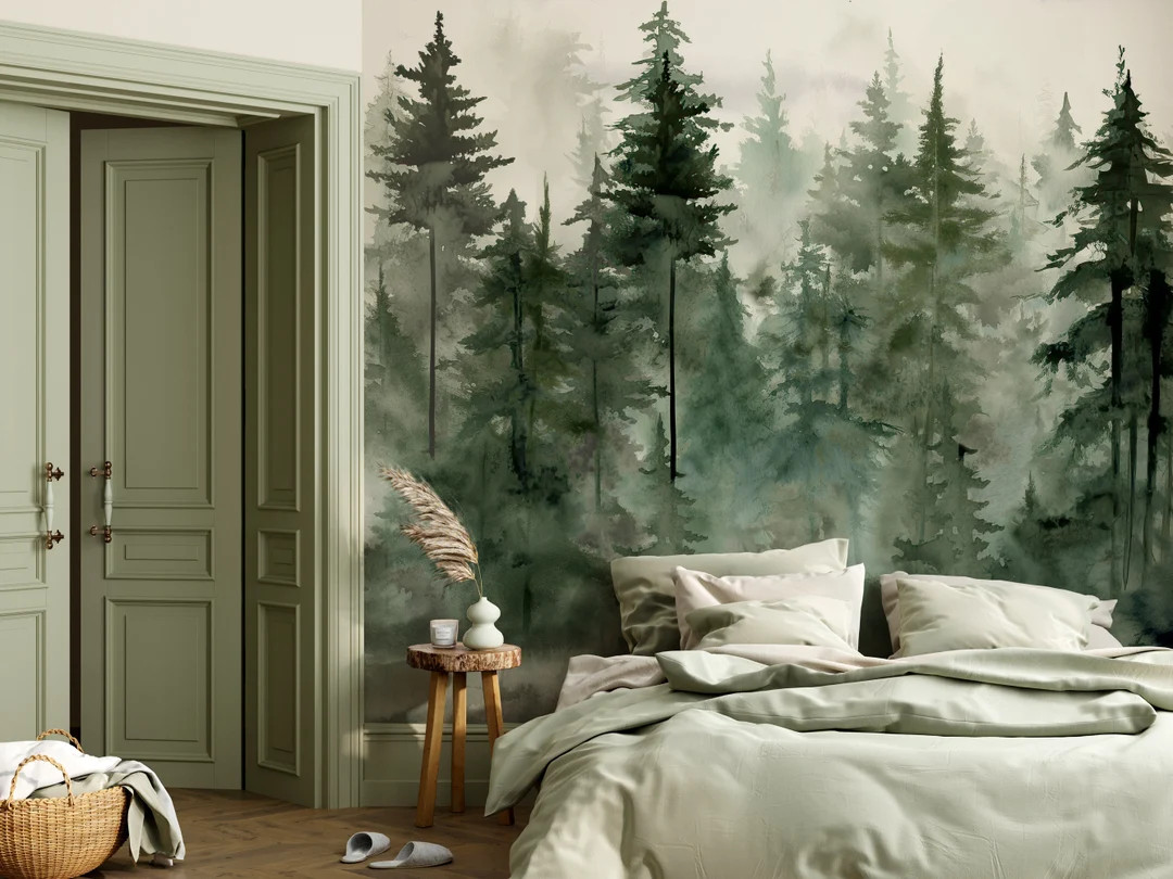 FOREST Wall Mural, Watercolor Foggy Pine Tree Forest Mountains, Woodland Decal, Peel and Stick Wa... | Etsy (US)