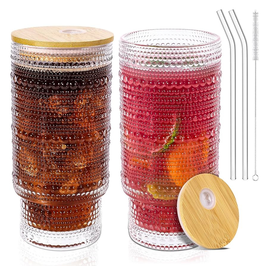 16 Oz Glass Cups with Lids and Straws, Vintage Embossed Glassware for Whiskey Cocktail Beer, Iced... | Amazon (US)