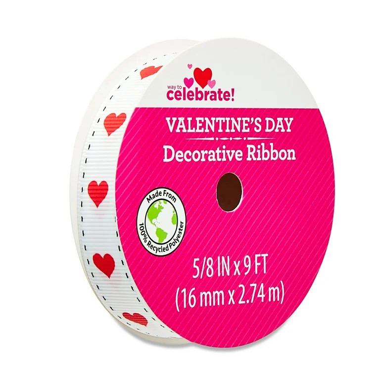 Valentine's Day Red & White Heart Decorative Ribbon, 5/8 in x 9 ft, by Way To Celebrate | Walmart (US)