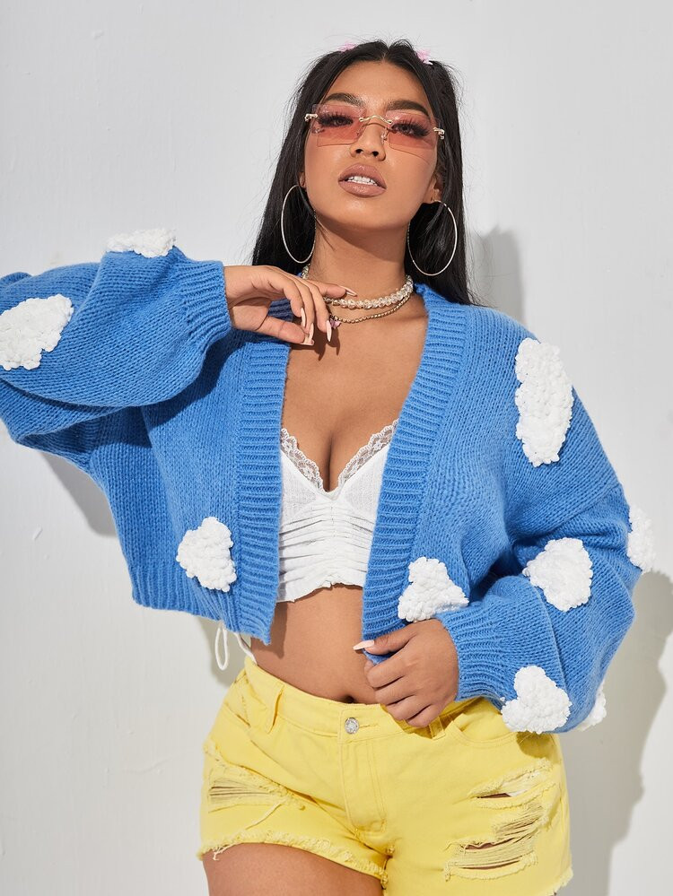 Plus 3D Clouds Patched Drop Shoulder Crop Cardigan | SHEIN