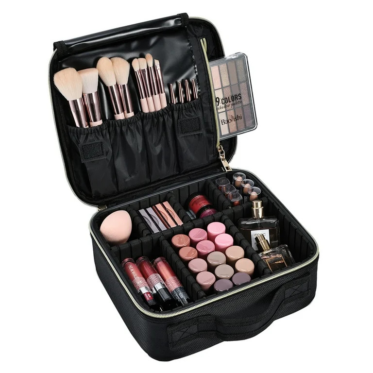 Travel Makeup Bag for Women Cosmetic Train Case Organizer with Adjustable Dividers, Black | Walmart (US)