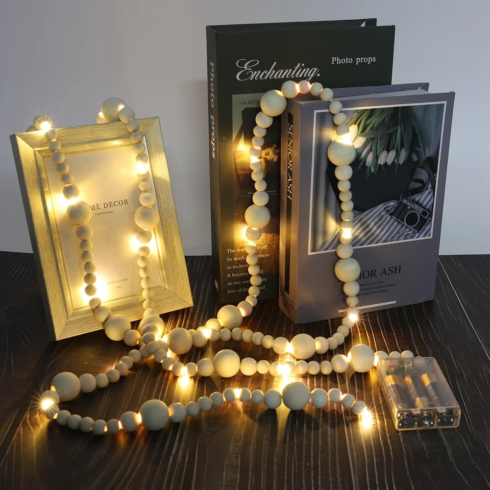 7ft Wood Bead LED Garland Farmhouse Rustic Country Decor Wall Decor Farmhouse Ornament Boho Decor... | Walmart (US)