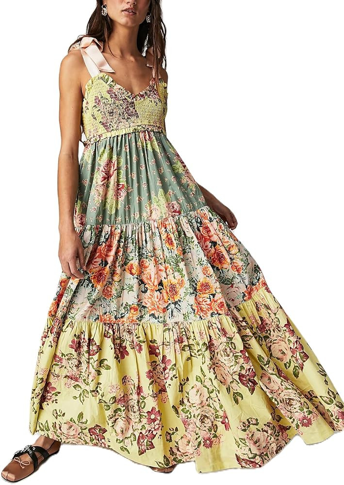 Women Boho Tie Shoulder Dress Y2k Floral Smocked Long Flowy Dresses Cute Summer Beach Spaghetti S... | Amazon (US)