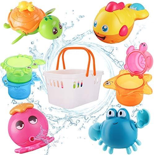 iPlay, iLearn Baby Bath Toys w/ Organizer, Water Squirting Octopus, Wind Up Swimming Turtle, Bath... | Amazon (US)