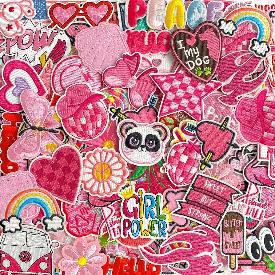 60Pcs Pink Iron on Patch, Random Assorted Styles Pink Theme Iron on Patches for Girls, Cute Prepp... | Amazon (US)