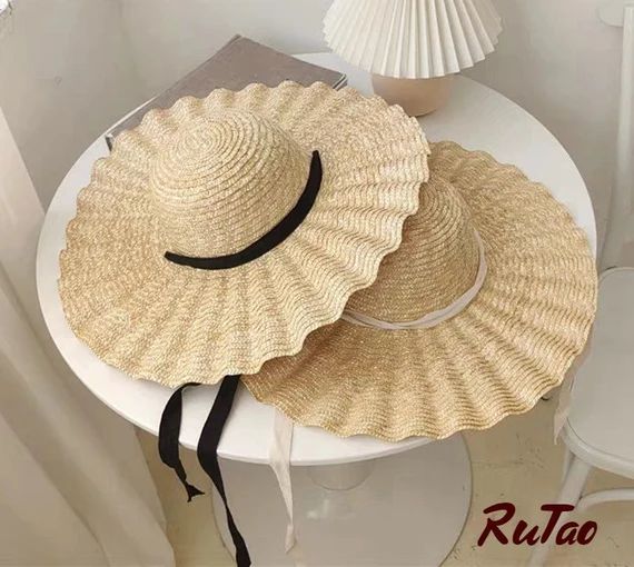 Large Brim Ribbon Straw Hat ,Summer Hats For Women,  Beach Cap With Ribbon,  Dome Top Sun Beach H... | Etsy (AU)