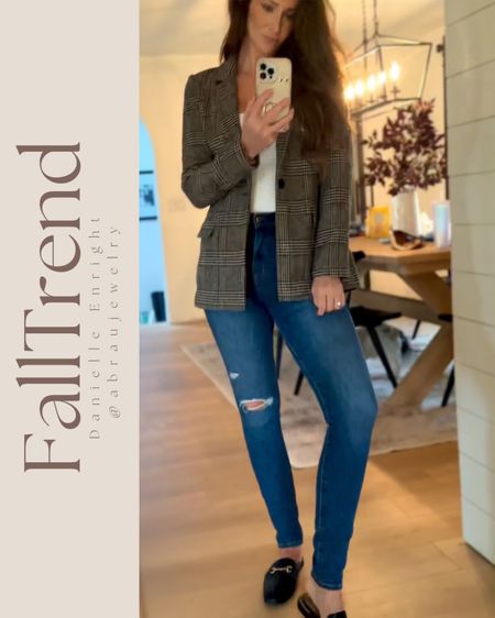 Trends for fall - Preppy blazers with loafers 🍂 

🏷️ classy fall outfits , jeans , blazer , plaid blazers , ripped jeans , distressed denim , black gold loafer mules , white bodysuit , fall outfits for women , casual Friday office outfit



#LTKworkwear #LTKfindsunder100