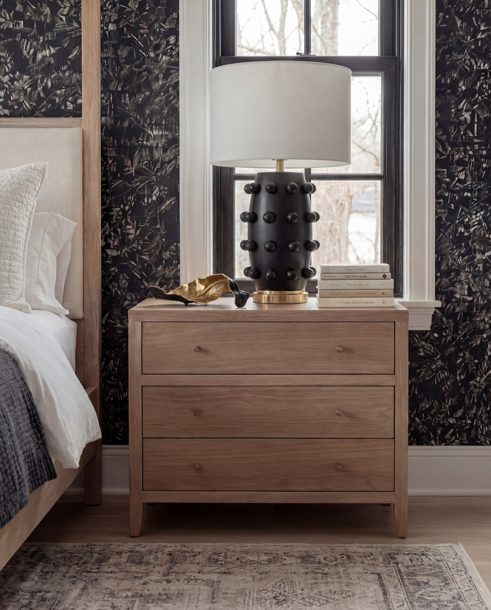 Canopy bed frame in light oak
• Upholstered headboard bed
• Charcoal botanical wallpaper
• Oak bedroom nightstands
• Neutral area rug for bedroom
• Fluted leg upholstered bench
• Ceramic bedside table lamps
• Cozy chunky knit throw blanket
• Black woven throw blanket
• Natural wood ceiling beams decor
• Modern home decor accents
• Neutral bedroom decor accessories

#LTKFindsUnder100 #LTKHome #LTKSaleAlert