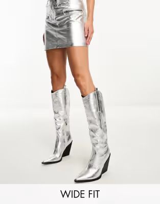 Public Desire Wide Fit Navada western knee boot in textured silver  | ASOS | ASOS (Global)