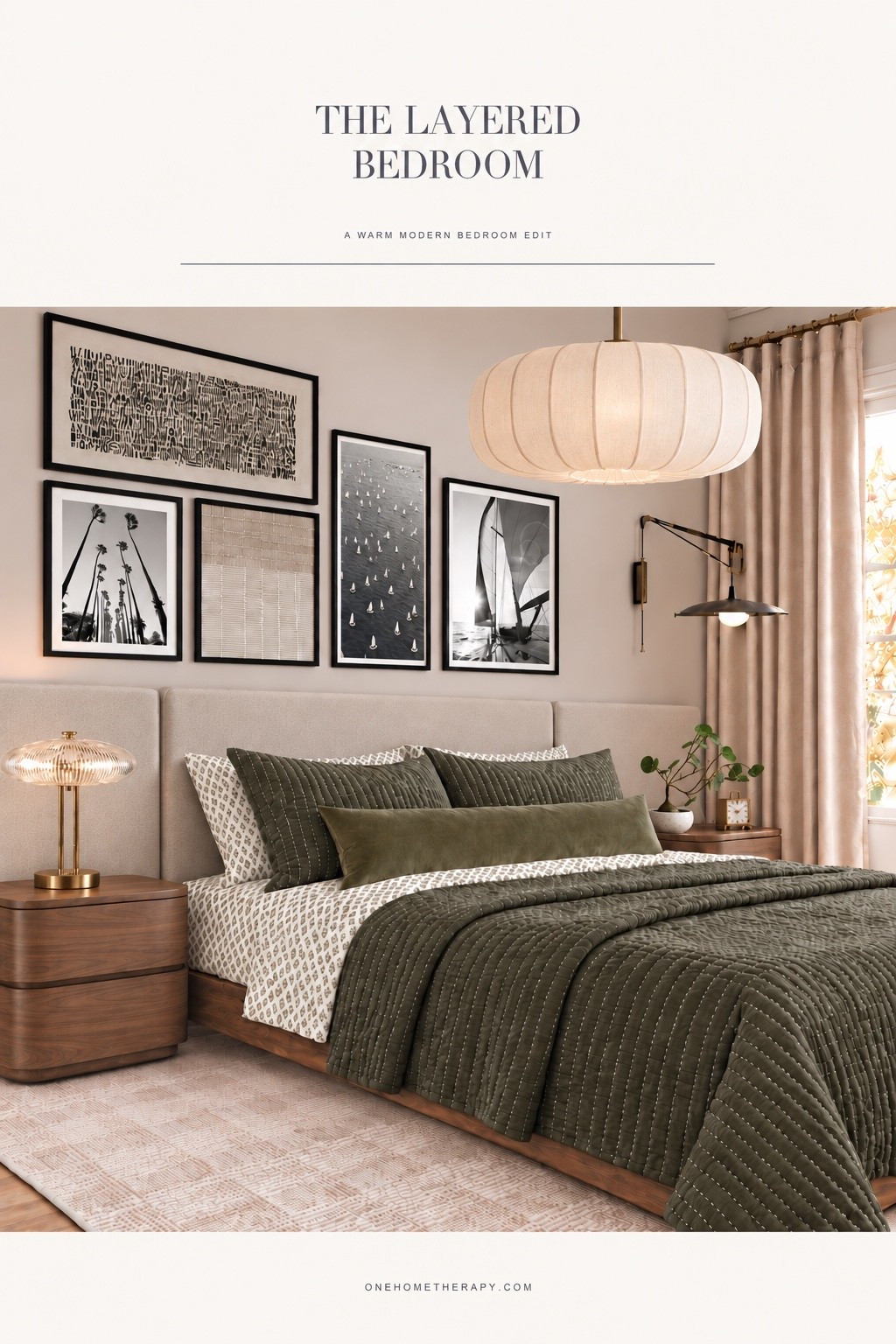 A warm, layered bedroom with rich walnut, deep olive bedding, soft ivory textures, sculptural lighting, and a collected black-framed gallery wall. Every detail brings depth while keeping the room calm and inviting. Shop the look through the link in my LTK 🤎
#BedroomInspo #BedroomDecor #WarmModern #ModernOrganic #HomeDecor #InteriorDesign #NeutralHome #CozyBedroom #GalleryWall #OliveGreenDecor #LTKHome #LTKFinds #OneHomeTherapy

#LTKHome #LTKU #LTKSeasonal