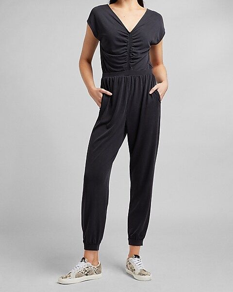 Silky Sueded Jersey Ruched Front Lounge Jumpsuit | Express