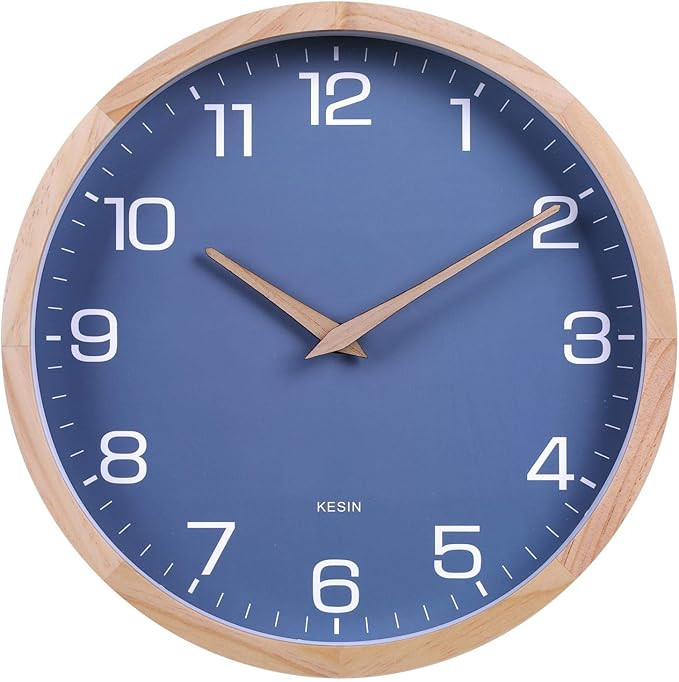 Kesin 12 Inches Wood Blue Wall Clock Silent Round Modern Wall Clocks Battery Operated with Large ... | Amazon (US)