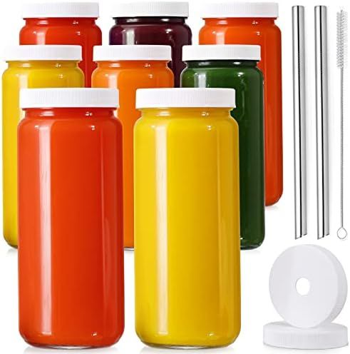 [ 8 Pack ] 16 OZ Glass Juicing Bottles w Airtight Lids & 2 Straws & 2 Lids w Hole - Reusable Drinkin | Amazon (US)
