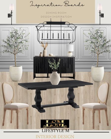 Trendy dining room inspiration. Recreate the look at home. Black dining tables, wood upholstered dining chair, wood floor tiles, white vase, faux fake plants, white tree planter pot, faux fake tree, black buffet console table, table lamp, black lantern dining chandelier, black wall sconce light.

#LTKhome #LTKFind #LTKstyletip